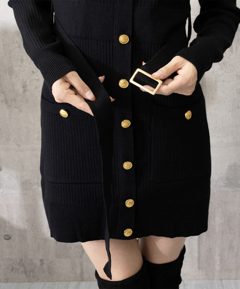 ミニニットワンピース ゴールドボタン上品 レディース セクシーリブミニワンピ膝上丈 タイトワンピースウエストマーク クールネック セータードレスパーティー 韓国風 86LJIAR-001