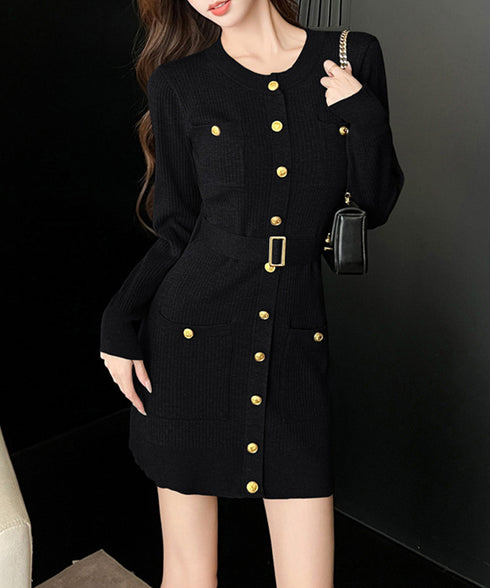 ミニニットワンピース ゴールドボタン上品 レディース セクシーリブミニワンピ膝上丈 タイトワンピースウエストマーク クールネック セータードレスパーティー 韓国風 86LJIAR-001