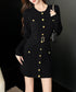 ミニニットワンピース ゴールドボタン上品 レディース セクシーリブミニワンピ膝上丈 タイトワンピースウエストマーク クールネック セータードレスパーティー 韓国風 86LJIAR-001