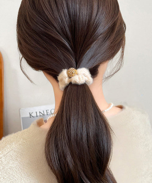 キラキラビーズ付ファーヘアゴム5本組上品 モコモコボリュームヘアアクセサリーセット 韓国風ビジューヘアゴム 大人可愛い髪飾りまとめ髪 シュシュセット秋冬ヘアアクセ 86LJIUYU-001