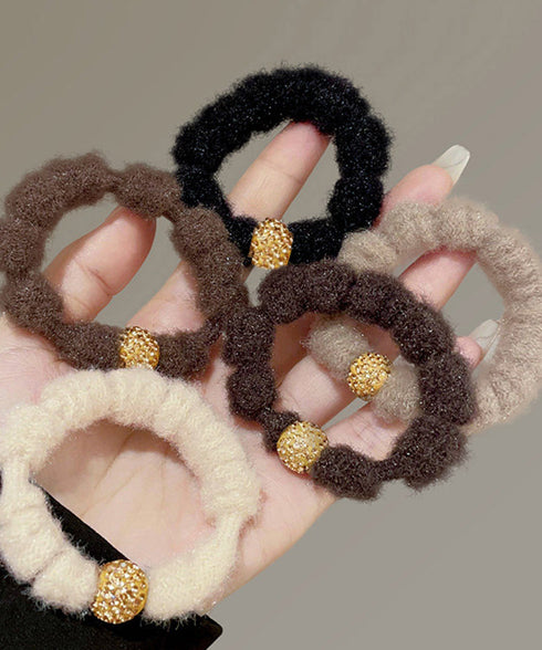 キラキラビーズ付ファーヘアゴム5本組上品 モコモコボリュームヘアアクセサリーセット 韓国風ビジューヘアゴム 大人可愛い髪飾りまとめ髪 シュシュセット秋冬ヘアアクセ 86LJIUYU-001