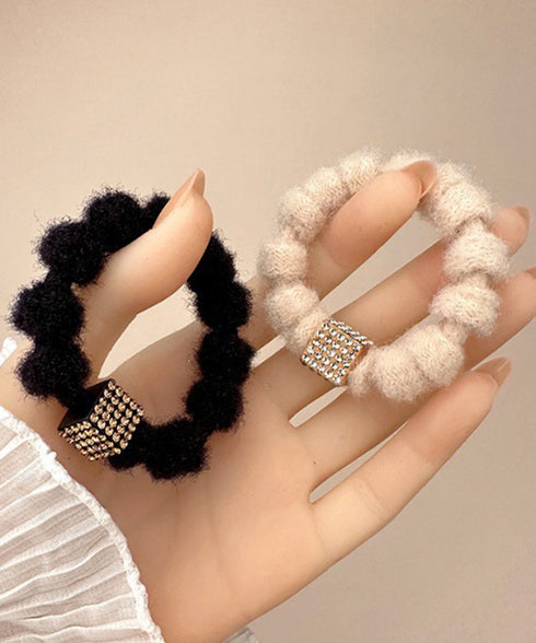 キラキラビーズ付ファーヘアゴム5本組上品 モコモコボリュームヘアアクセサリーセット 韓国風ビジューヘアゴム 大人可愛い髪飾りまとめ髪 シュシュセット秋冬ヘアアクセ 86LJIUYU-001