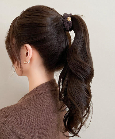キラキラビーズ付ファーヘアゴム5本組上品 モコモコボリュームヘアアクセサリーセット 韓国風ビジューヘアゴム 大人可愛い髪飾りまとめ髪 シュシュセット秋冬ヘアアクセ 86LJIUYU-001