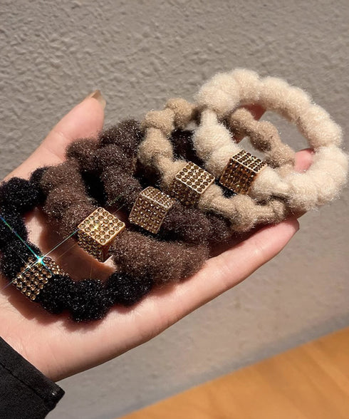 キラキラビーズ付ファーヘアゴム5本組上品 モコモコボリュームヘアアクセサリーセット 韓国風ビジューヘアゴム 大人可愛い髪飾りまとめ髪 シュシュセット秋冬ヘアアクセ 86LJIUYU-001