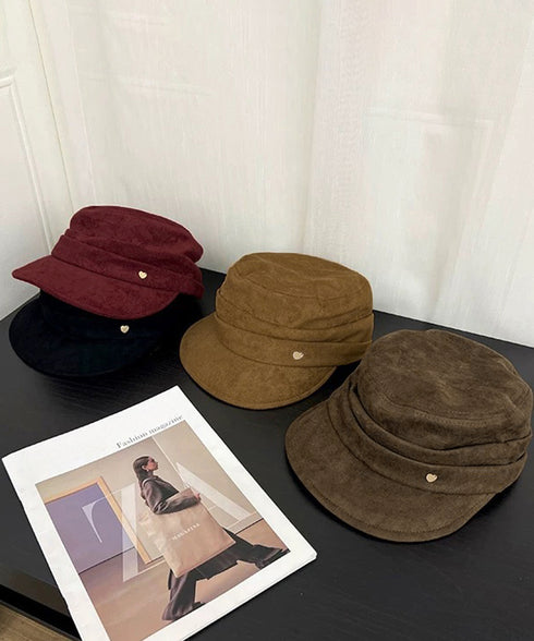 ワンポイントキャスケット スエード調帽子 レディースクラシックマリンハット ハート飾り ベレー風キャップ つば広ぼうしヴィンテージ風 小顔見え レトロ帽子あったか 86LJIYING-001