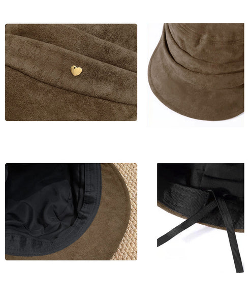 ワンポイントキャスケット スエード調帽子 レディースクラシックマリンハット ハート飾り ベレー風キャップ つば広ぼうしヴィンテージ風 小顔見え レトロ帽子あったか 86LJIYING-001