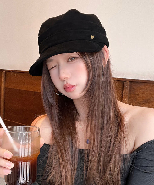 ワンポイントキャスケット スエード調帽子 レディースクラシックマリンハット ハート飾り ベレー風キャップ つば広ぼうしヴィンテージ風 小顔見え レトロ帽子あったか 86LJIYING-001