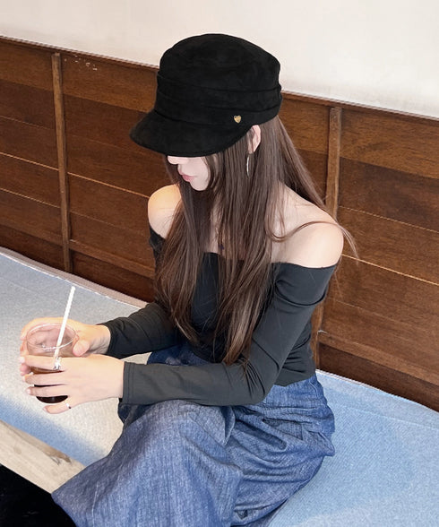 ワンポイントキャスケット スエード調帽子 レディースクラシックマリンハット ハート飾り ベレー風キャップ つば広ぼうしヴィンテージ風 小顔見え レトロ帽子あったか 86LJIYING-001