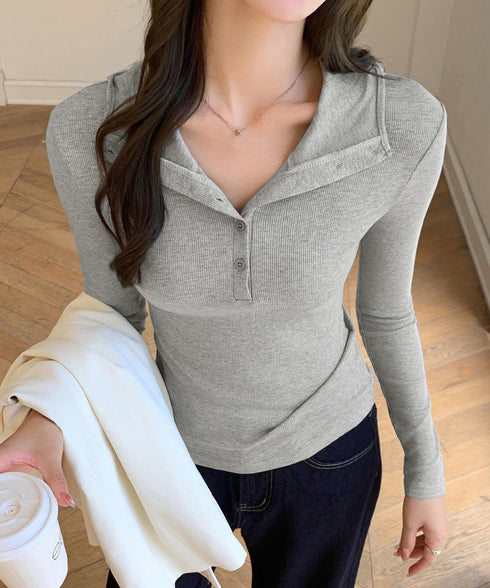 フード付きリブカットソーレディース長袖T フーディーTシャツ スリムフィット細見えTシャツ タイトシルエット ヘンリーネックインナートップス ベーシック 着回し服 86LMOHE-001