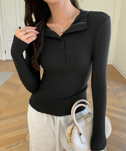 フード付きリブカットソーレディース長袖T フーディーTシャツ スリムフィット細見えTシャツ タイトシルエット ヘンリーネックインナートップス ベーシック 着回し服 86LMOHE-001