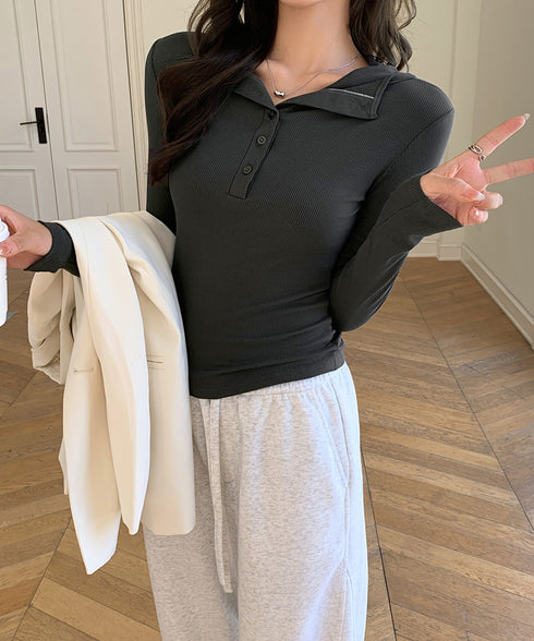 フード付きリブカットソーレディース長袖T フーディーTシャツ スリムフィット細見えTシャツ タイトシルエット ヘンリーネックインナートップス ベーシック 着回し服 86LMOHE-001