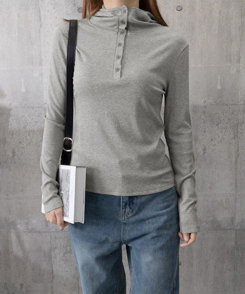 フード付きリブカットソーレディース長袖T フーディーTシャツ スリムフィット細見えTシャツ タイトシルエット ヘンリーネックインナートップス ベーシック 着回し服 86LMOHE-001