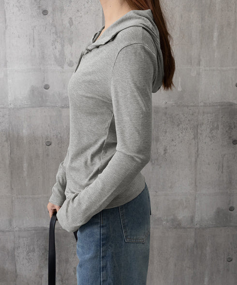 フード付きリブカットソーレディース長袖T フーディーTシャツ スリムフィット細見えTシャツ タイトシルエット ヘンリーネックインナートップス ベーシック 着回し服 86LMOHE-001