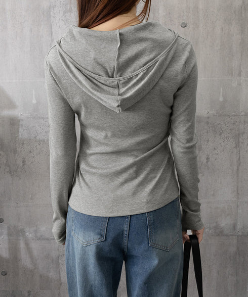 フード付きリブカットソーレディース長袖T フーディーTシャツ スリムフィット細見えTシャツ タイトシルエット ヘンリーネックインナートップス ベーシック 着回し服 86LMOHE-001