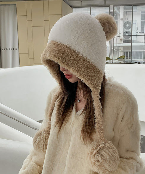 ポンポン付き もこもこニット帽子あったか レディース 柔らか帽子 耳あて付き秋冬ハット 暖かい防寒ボア帽子 小顔 ふわふわニットキャップ ボリューム可愛い 韓国風 86LMXK-001