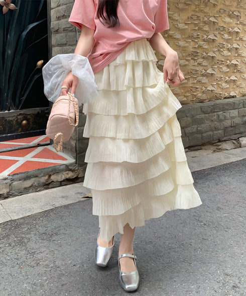 フリルティアードスカートチュールスカート レディース 大人可愛い ハイウエストロングスカート ウエストゴム シアースカート きれいめ ミモレ丈スカート韓国風春夏服 86LMZMS-001