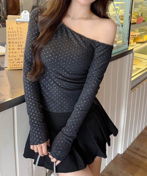 ドットラメtシャツオフショルダートップス 肩出しtシャツレディース ワンショルダーt長袖肌見せカットソーセクシー タイトトップス着やせ 大人可愛いTシャツ水玉模様 86LNAMZ-001
