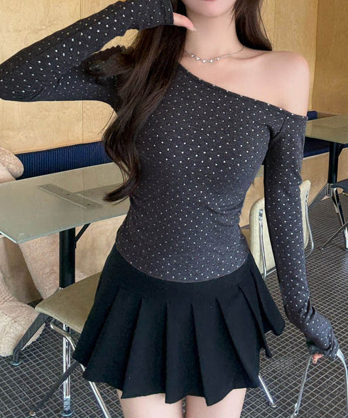 ドットラメtシャツオフショルダートップス 肩出しtシャツレディース ワンショルダーt長袖肌見せカットソーセクシー タイトトップス着やせ 大人可愛いTシャツ水玉模様 86LNAMZ-001