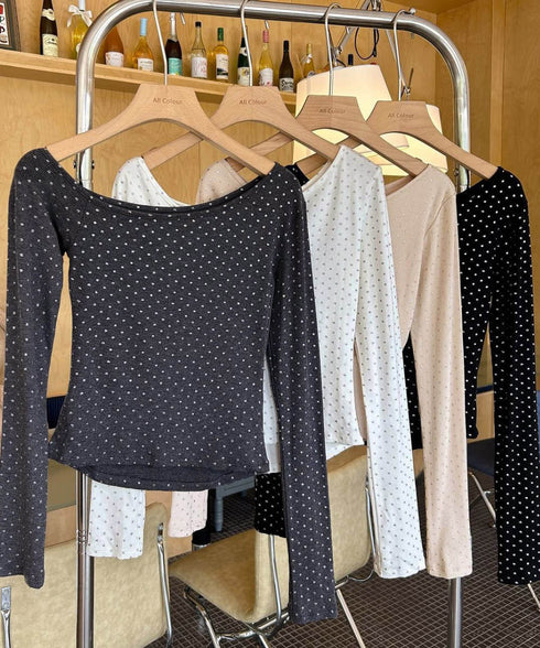 ドットラメtシャツオフショルダートップス 肩出しtシャツレディース ワンショルダーt長袖肌見せカットソーセクシー タイトトップス着やせ 大人可愛いTシャツ水玉模様 86LNAMZ-001