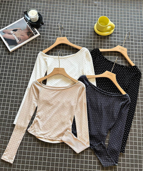ドットラメtシャツオフショルダートップス 肩出しtシャツレディース ワンショルダーt長袖肌見せカットソーセクシー タイトトップス着やせ 大人可愛いTシャツ水玉模様 86LNAMZ-001