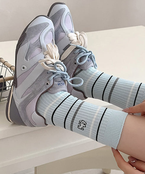 リブソックス レディース ミドル丈 靴下 刺しゅう ワンポイント靴下 大人可愛いボーダーソックス カジュアルミドルソックス 蒸れにくい 綿混ルームソックスおしゃれ 86LRRAN-001