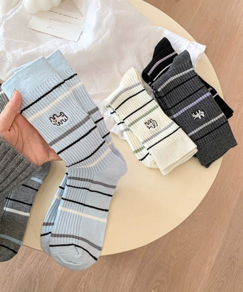リブソックス レディース ミドル丈 靴下 刺しゅう ワンポイント靴下 大人可愛いボーダーソックス カジュアルミドルソックス 蒸れにくい 綿混ルームソックスおしゃれ 86LRRAN-001