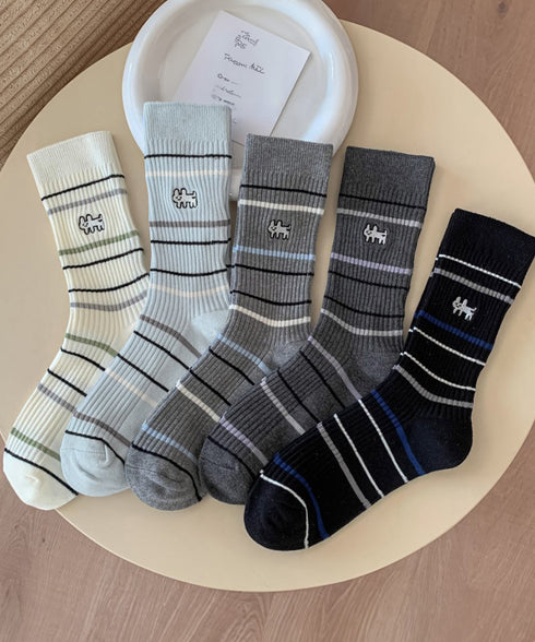 リブソックス レディース ミドル丈 靴下 刺しゅう ワンポイント靴下 大人可愛いボーダーソックス カジュアルミドルソックス 蒸れにくい 綿混ルームソックスおしゃれ 86LRRAN-001