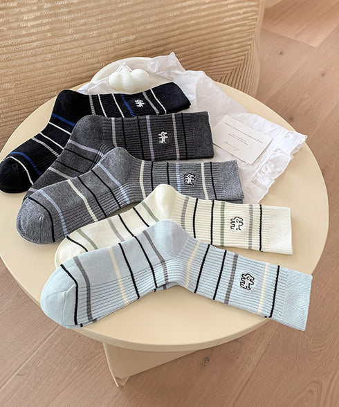 リブソックス レディース ミドル丈 靴下 刺しゅう ワンポイント靴下 大人可愛いボーダーソックス カジュアルミドルソックス 蒸れにくい 綿混ルームソックスおしゃれ 86LRRAN-001