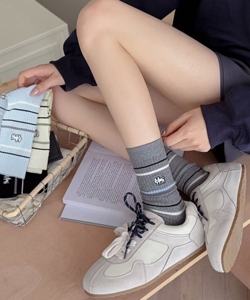 リブソックス レディース ミドル丈 靴下 刺しゅう ワンポイント靴下 大人可愛いボーダーソックス カジュアルミドルソックス 蒸れにくい 綿混ルームソックスおしゃれ 86LRRAN-001