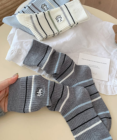 リブソックス レディース ミドル丈 靴下 刺しゅう ワンポイント靴下 大人可愛いボーダーソックス カジュアルミドルソックス 蒸れにくい 綿混ルームソックスおしゃれ 86LRRAN-001