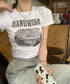 クロップド丈ロゴチビTシャツカットソー夏 英字プリントtシャツレディース半袖 へそ出しトップス韓国風 カジュアルミニタイトTシャツ細見え着やせ レトロカレッジ夏服 86LSBLI-001