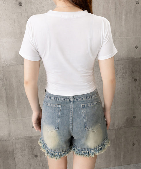 クロップド丈ロゴチビTシャツカットソー夏 英字プリントtシャツレディース半袖 へそ出しトップス韓国風 カジュアルミニタイトTシャツ細見え着やせ レトロカレッジ夏服 86LSBLI-001