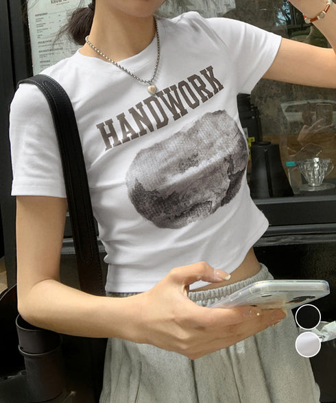 クロップド丈ロゴチビTシャツカットソー夏 英字プリントtシャツレディース半袖 へそ出しトップス韓国風 カジュアルミニタイトTシャツ細見え着やせ レトロカレッジ夏服 86LSBLI-001