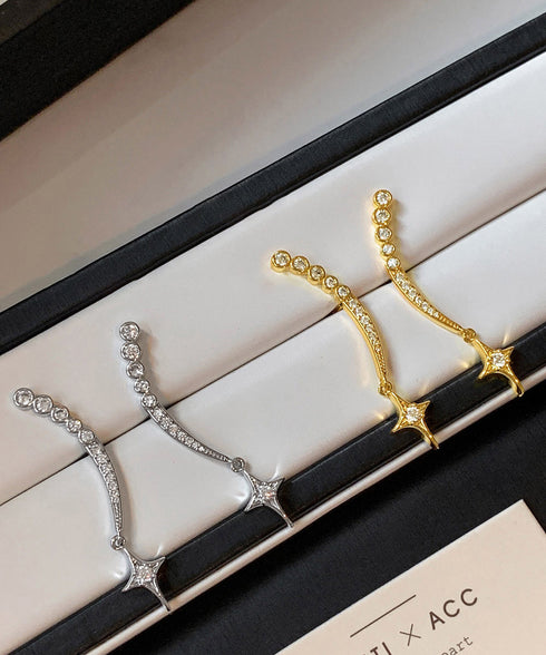 スタービジューイヤーカフピアス キラキラ レディース 揺れる輝く星柄ビジューピアス 両耳セット 華奢見え耳飾り 顔周り華やか 映えアクセサリー上品ジュエリー韓国風 86LSD-001