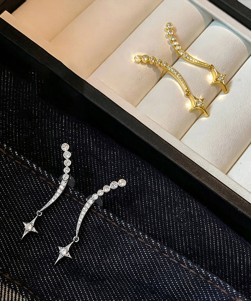 スタービジューイヤーカフピアス キラキラ レディース 揺れる輝く星柄ビジューピアス 両耳セット 華奢見え耳飾り 顔周り華やか 映えアクセサリー上品ジュエリー韓国風 86LSD-001