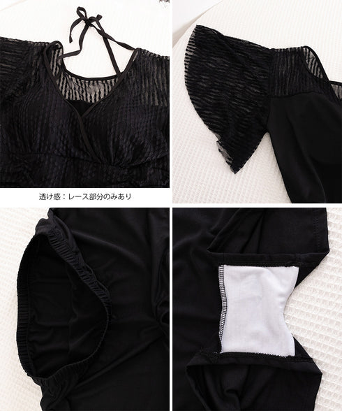 カシュクールワンピース水着セット 着やせ レディース フレア袖水着2点セット ショーパン付き 露出控えめスイムウェア リゾートビーチウェア 体型カバー水着海外旅行 86LSYU-001