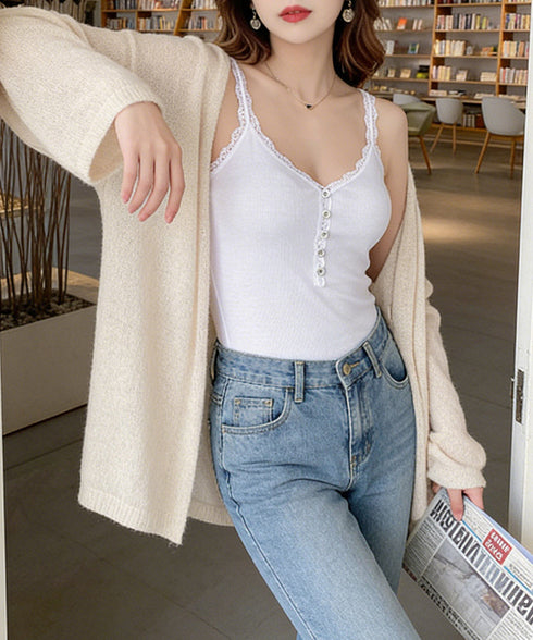 レースリブキャミソールフロントボタン夏服 レディース Vネック レースタンクトップ 重ね着 薄手インナーキャミ 韓国風 ノースリーブトップス 大人可愛い肌着着やせ 86LXMER-001
