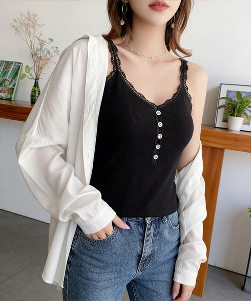 レースリブキャミソールフロントボタン夏服 レディース Vネック レースタンクトップ 重ね着 薄手インナーキャミ 韓国風 ノースリーブトップス 大人可愛い肌着着やせ 86LXMER-001