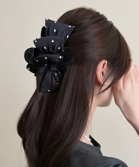 ヘアクリップドット柄リボンバンスクリップ レディース ビッグリボンヘアアクセサリー フェミニン髪留め 大人可愛い髪飾り 軽量 ヘアアレンジ簡単 まとめ髪上品韓国風 86LXXUAN-001