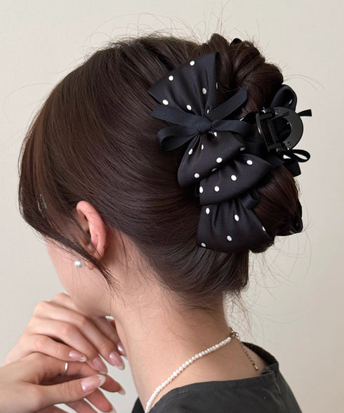 ヘアクリップドット柄リボンバンスクリップ レディース ビッグリボンヘアアクセサリー フェミニン髪留め 大人可愛い髪飾り 軽量 ヘアアレンジ簡単 まとめ髪上品韓国風 86LXXUAN-001