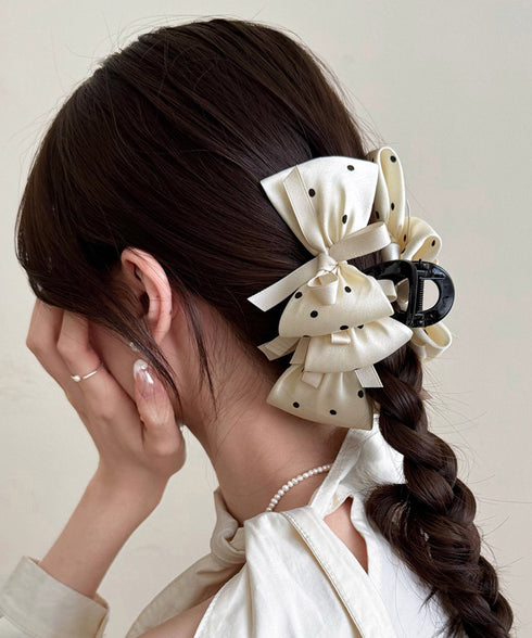 ヘアクリップドット柄リボンバンスクリップ レディース ビッグリボンヘアアクセサリー フェミニン髪留め 大人可愛い髪飾り 軽量 ヘアアレンジ簡単 まとめ髪上品韓国風 86LXXUAN-001