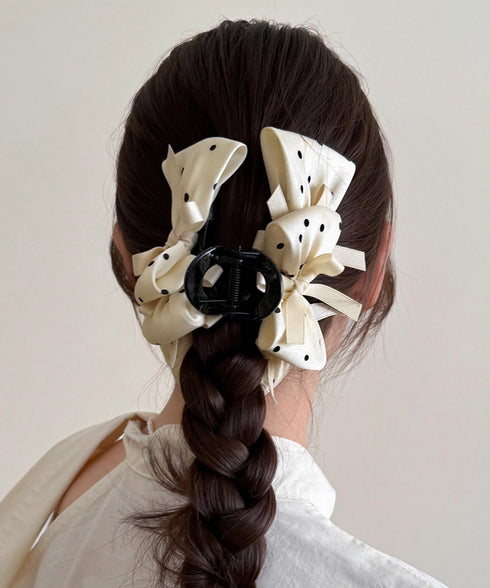 ヘアクリップドット柄リボンバンスクリップ レディース ビッグリボンヘアアクセサリー フェミニン髪留め 大人可愛い髪飾り 軽量 ヘアアレンジ簡単 まとめ髪上品韓国風 86LXXUAN-001