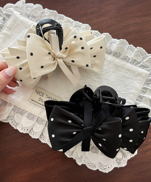 ヘアクリップドット柄リボンバンスクリップ レディース ビッグリボンヘアアクセサリー フェミニン髪留め 大人可愛い髪飾り 軽量 ヘアアレンジ簡単 まとめ髪上品韓国風 86LXXUAN-001