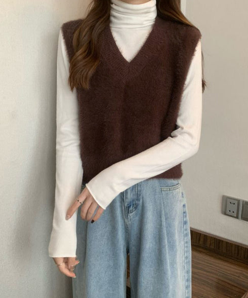 シャギーニットベストショート丈ニットジレ レディース フェイクファーニットベスト Vネック ノースリーブニットトップス 大人可愛い重ね着ニット無地 韓国風春秋冬服 86LYANYAN-001