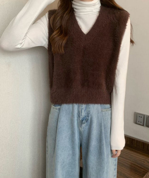 シャギーニットベストショート丈ニットジレ レディース フェイクファーニットベスト Vネック ノースリーブニットトップス 大人可愛い重ね着ニット無地 韓国風春秋冬服 86LYANYAN-001