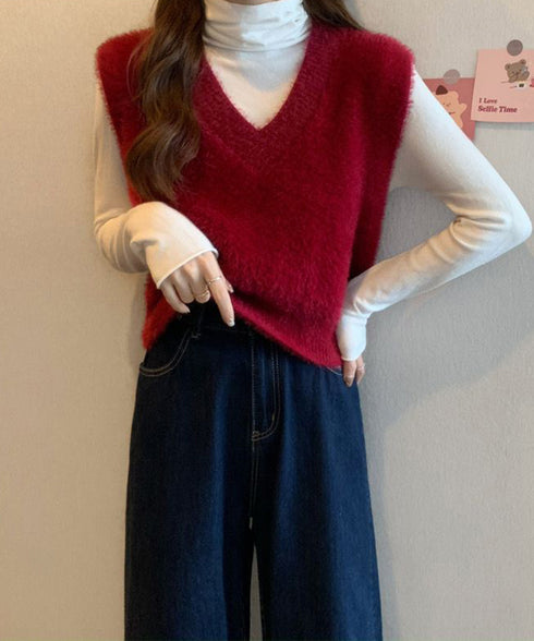 シャギーニットベストショート丈ニットジレ レディース フェイクファーニットベスト Vネック ノースリーブニットトップス 大人可愛い重ね着ニット無地 韓国風春秋冬服 86LYANYAN-001