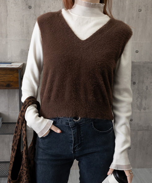 シャギーニットベストショート丈ニットジレ レディース フェイクファーニットベスト Vネック ノースリーブニットトップス 大人可愛い重ね着ニット無地 韓国風春秋冬服 86LYANYAN-001