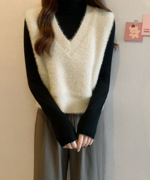 シャギーニットベストショート丈ニットジレ レディース フェイクファーニットベスト Vネック ノースリーブニットトップス 大人可愛い重ね着ニット無地 韓国風春秋冬服 86LYANYAN-001