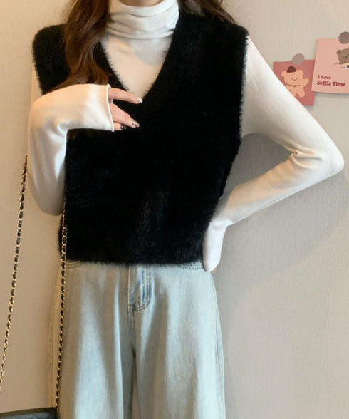 シャギーニットベストショート丈ニットジレ レディース フェイクファーニットベスト Vネック ノースリーブニットトップス 大人可愛い重ね着ニット無地 韓国風春秋冬服 86LYANYAN-001