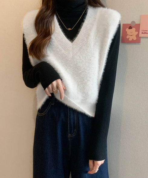 シャギーニットベストショート丈ニットジレ レディース フェイクファーニットベスト Vネック ノースリーブニットトップス 大人可愛い重ね着ニット無地 韓国風春秋冬服 86LYANYAN-001